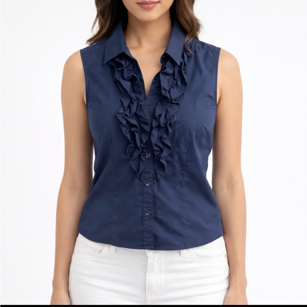 Brooks Brothers Ruffle Sleeveless Blouse Size 8 Navy